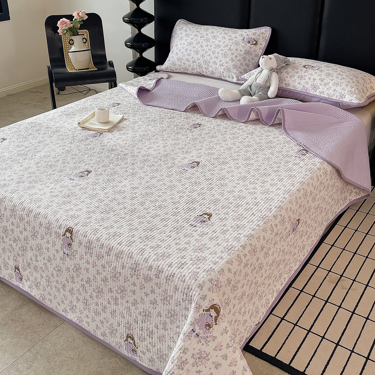 91家纺网 家纺一手货源 找家纺 金丝兔 2026新款复古碎花亲肤水洗棉单床盖仿棉夹棉床盖床盖三件套 童话