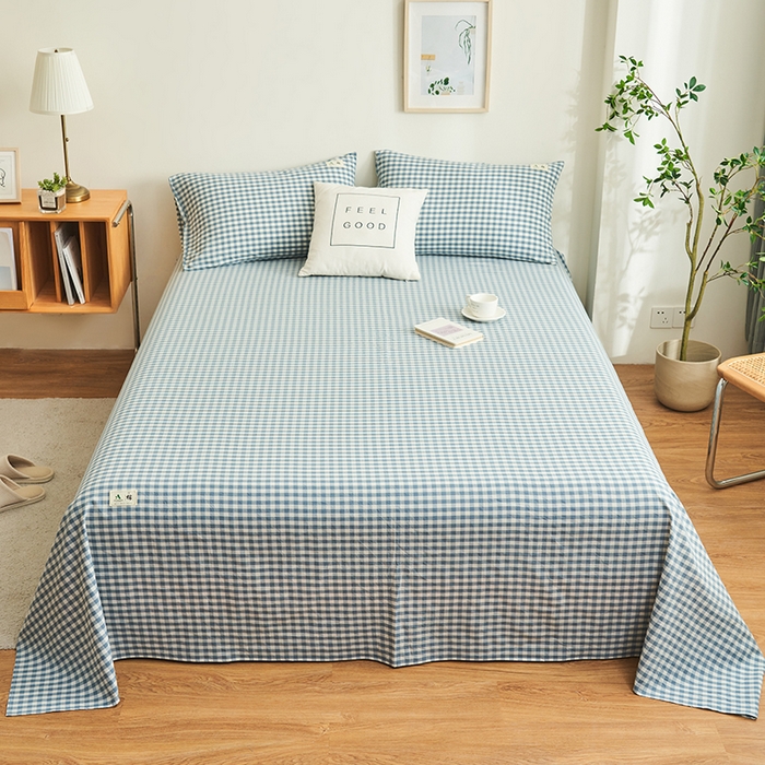 91家纺网 家纺一手货源 找家纺 21度C 2026新款A类全棉水洗棉母婴级床单 蓝小格