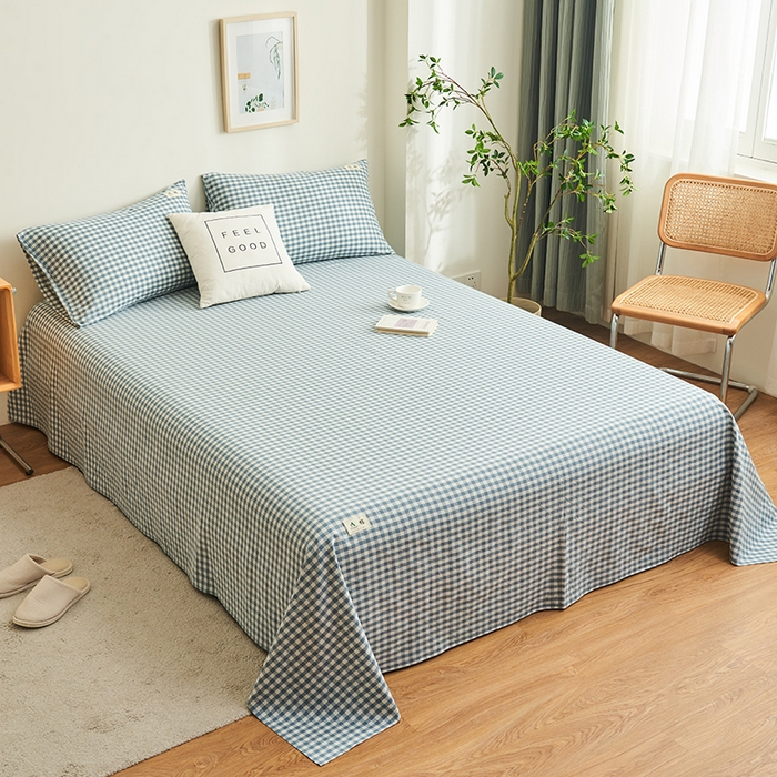 91家纺网 家纺一手货源 找家纺 21度C 2026新款A类全棉水洗棉母婴级床单 蓝小格