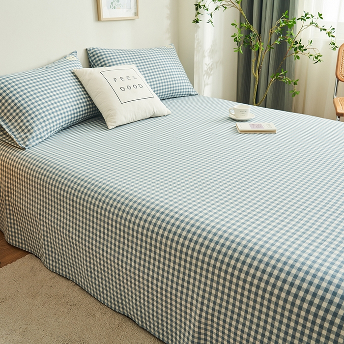 91家纺网 家纺一手货源 找家纺 21度C 2026新款A类全棉水洗棉母婴级床单 蓝小格