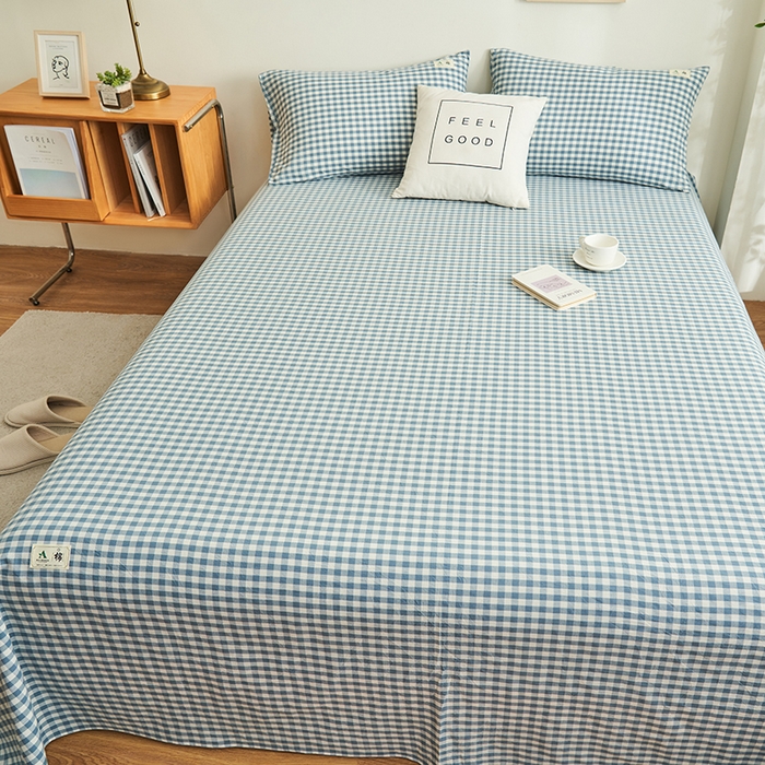 91家纺网 家纺一手货源 找家纺 21度C 2026新款A类全棉水洗棉母婴级床单 蓝小格