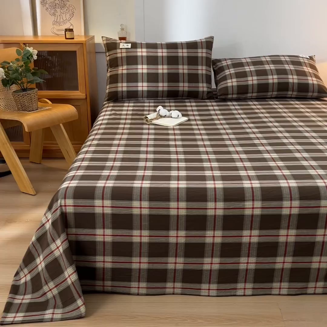 91家纺网 家纺一手货源 找家纺 21度C 2026新款A类全棉水洗棉母婴级床单 栗咖格