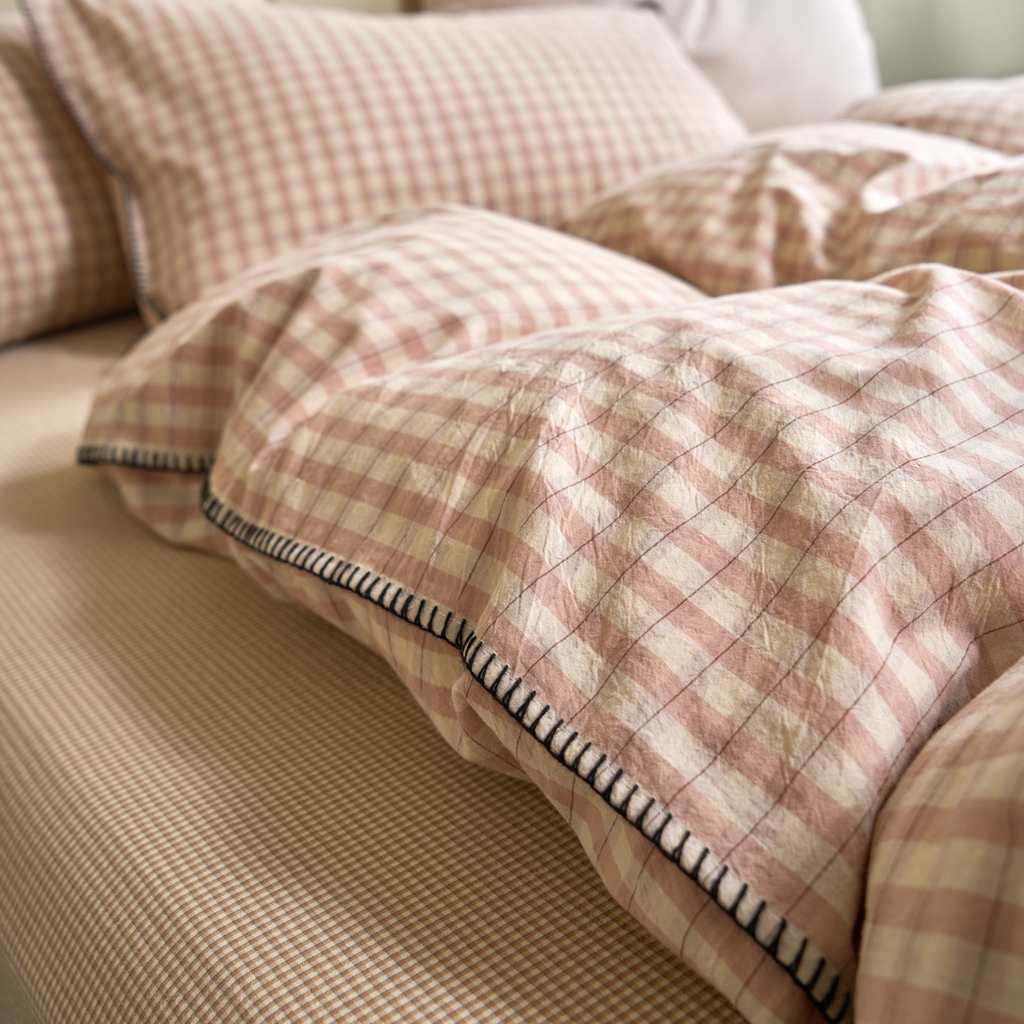 91家纺网 家纺一手货源 找家纺 洋铭区（原狠狠爱） 2026新款色织水洗棉一字边四件套系列 朵拉粉格