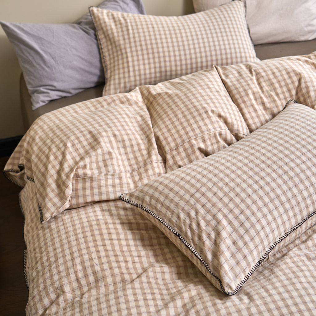 91家纺网 家纺一手货源 找家纺 洋铭区（原狠狠爱） 2026新款色织水洗棉一字边四件套系列 朵拉咖格