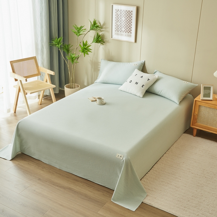 91家纺网 家纺一手货源 找家纺 21度C 2026新款A类全棉水洗棉母婴级床单 密条绿