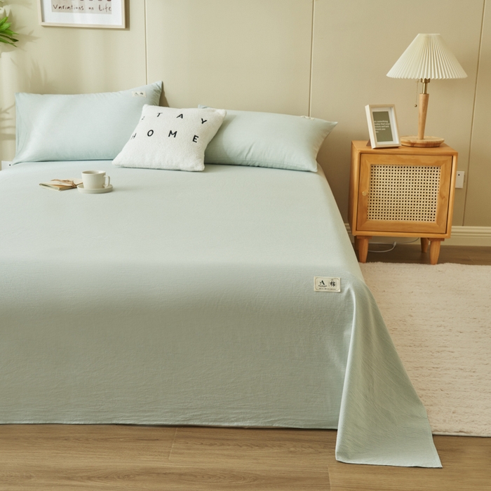 91家纺网 家纺一手货源 找家纺 21度C 2026新款A类全棉水洗棉母婴级床单 密条绿