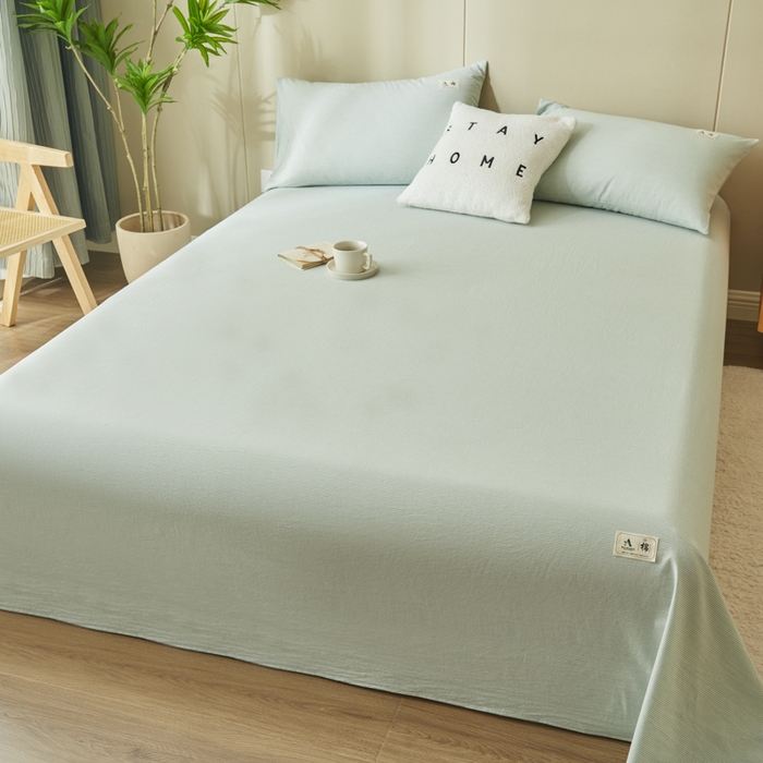 91家纺网 家纺一手货源 找家纺 21度C 2026新款A类全棉水洗棉母婴级床单 密条绿