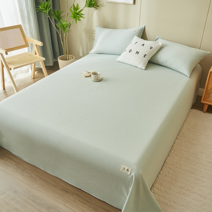 91家纺网 家纺一手货源 找家纺 21度C 2026新款A类全棉水洗棉母婴级床单 密条绿