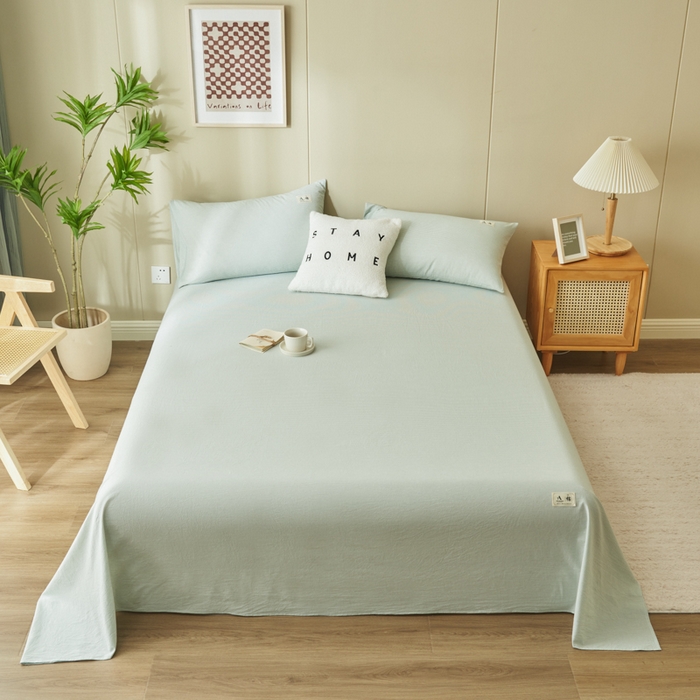 91家纺网 家纺一手货源 找家纺 21度C 2026新款A类全棉水洗棉母婴级床单 密条绿