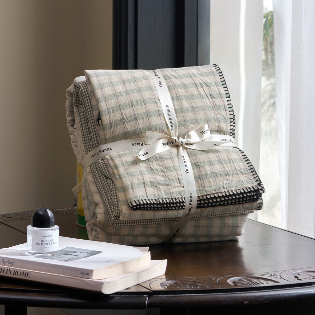 洋铭区（原狠狠爱） 2026新款色织水洗棉一字边四件套系列 朵拉绿格