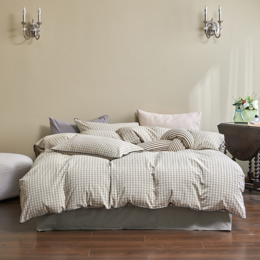 91家纺网 家纺一手货源 找家纺 洋铭区（原狠狠爱） 2026新款色织水洗棉一字边四件套系列 朵拉绿格