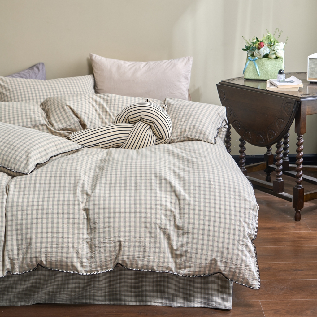 91家纺网 家纺一手货源 找家纺 洋铭区（原狠狠爱） 2026新款色织水洗棉一字边四件套系列 朵拉绿格