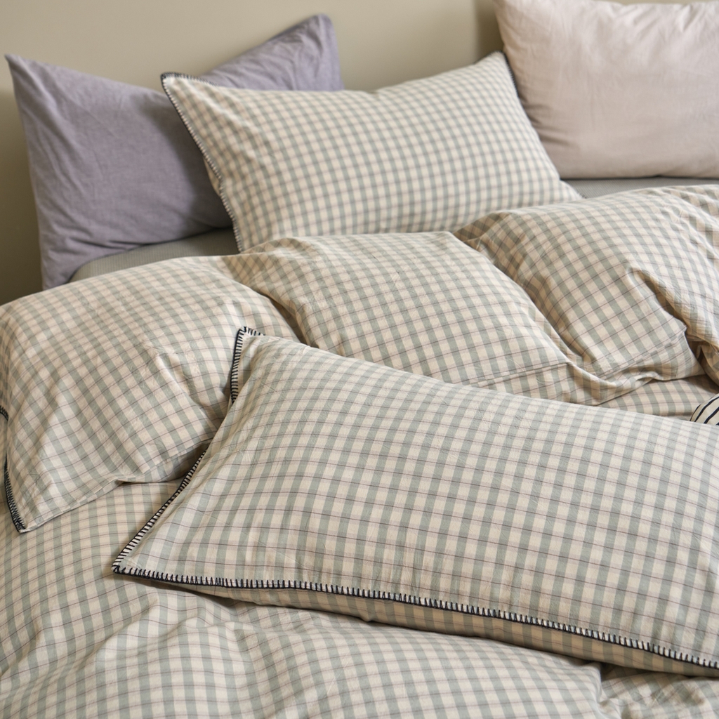 91家纺网 家纺一手货源 找家纺 洋铭区（原狠狠爱） 2026新款色织水洗棉一字边四件套系列 朵拉绿格