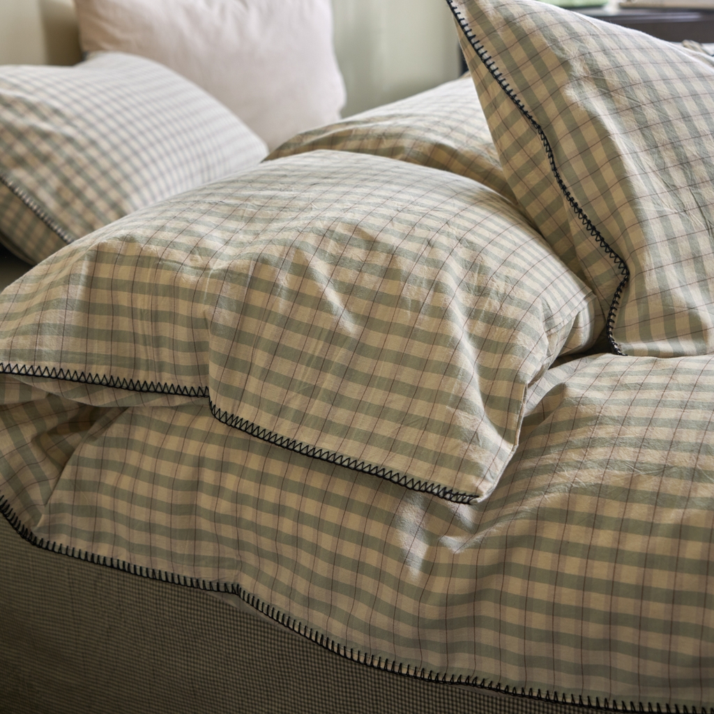 91家纺网 家纺一手货源 找家纺 洋铭区（原狠狠爱） 2026新款色织水洗棉一字边四件套系列 朵拉绿格