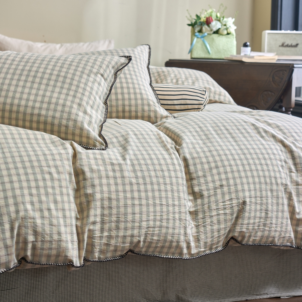 91家纺网 家纺一手货源 找家纺 洋铭区（原狠狠爱） 2026新款色织水洗棉一字边四件套系列 朵拉绿格