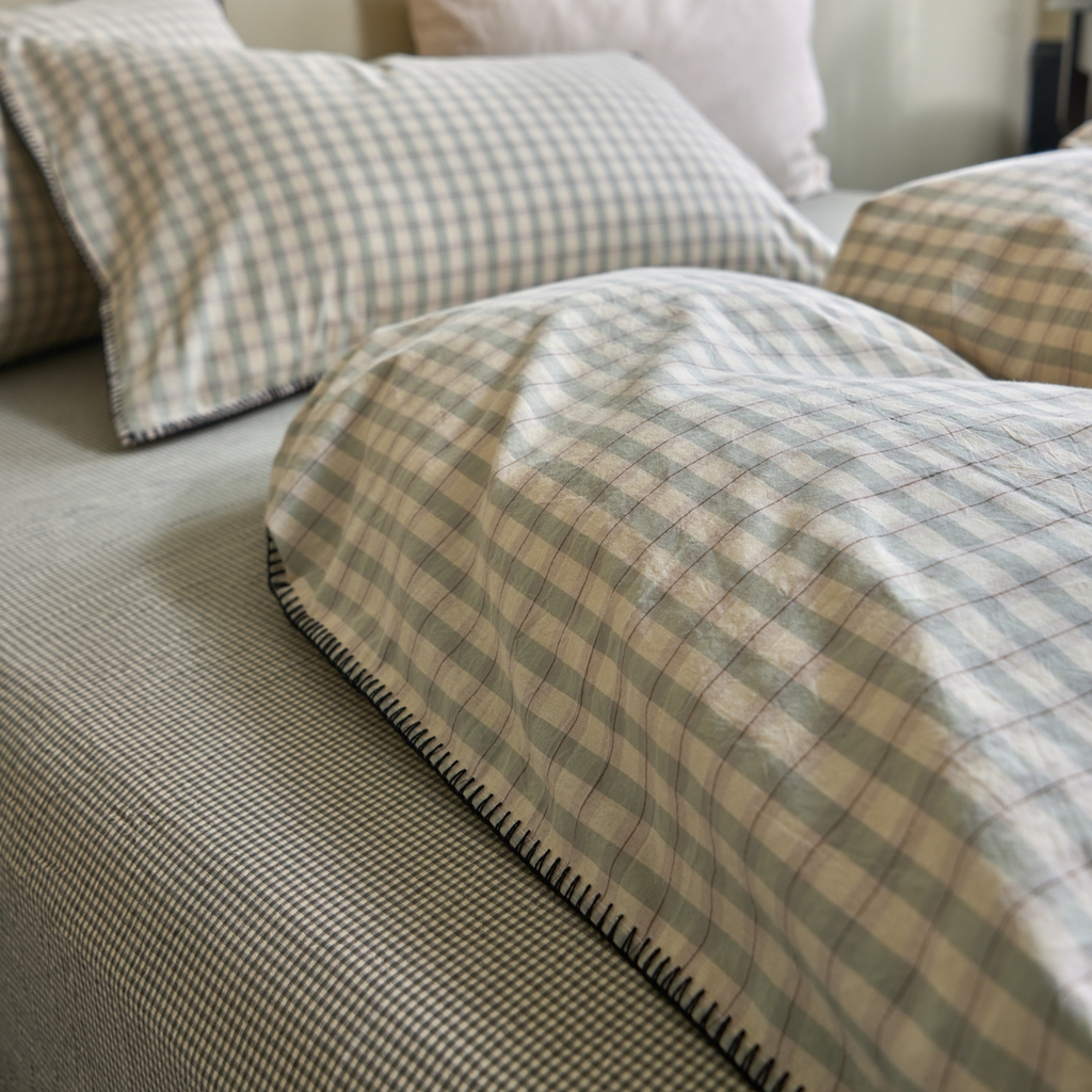 91家纺网 家纺一手货源 找家纺 洋铭区（原狠狠爱） 2026新款色织水洗棉一字边四件套系列 朵拉绿格