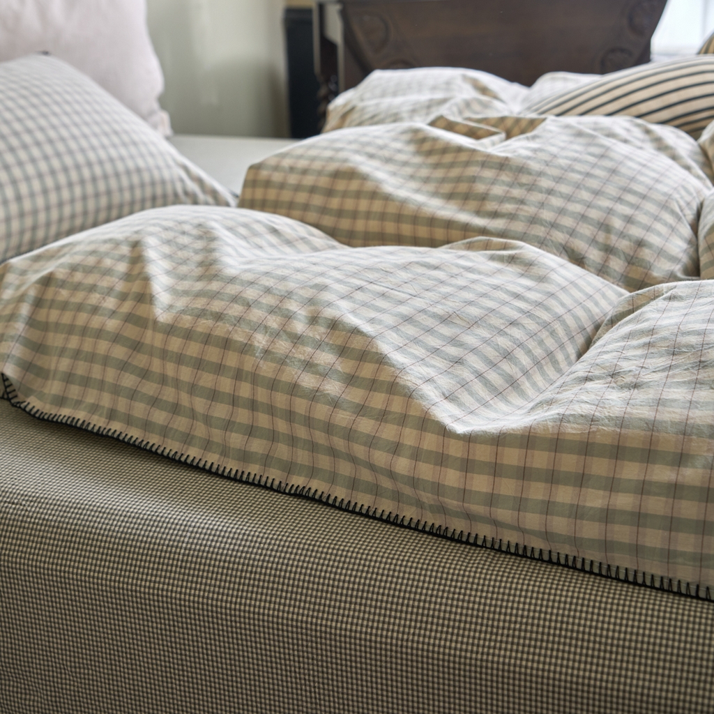 91家纺网 家纺一手货源 找家纺 洋铭区（原狠狠爱） 2026新款色织水洗棉一字边四件套系列 朵拉绿格