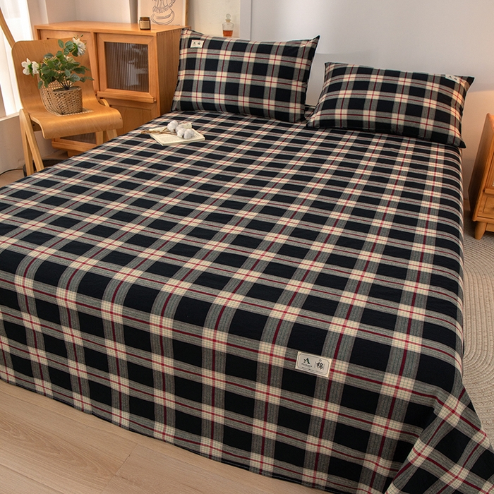 91家纺网 家纺一手货源 找家纺 21度C 2026新款A类全棉水洗棉母婴级床单 墨织格