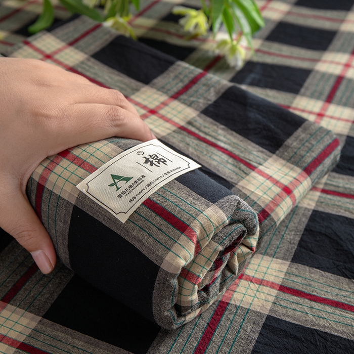 91家纺网 家纺一手货源 找家纺 21度C 2026新款A类全棉水洗棉母婴级床单 墨织格