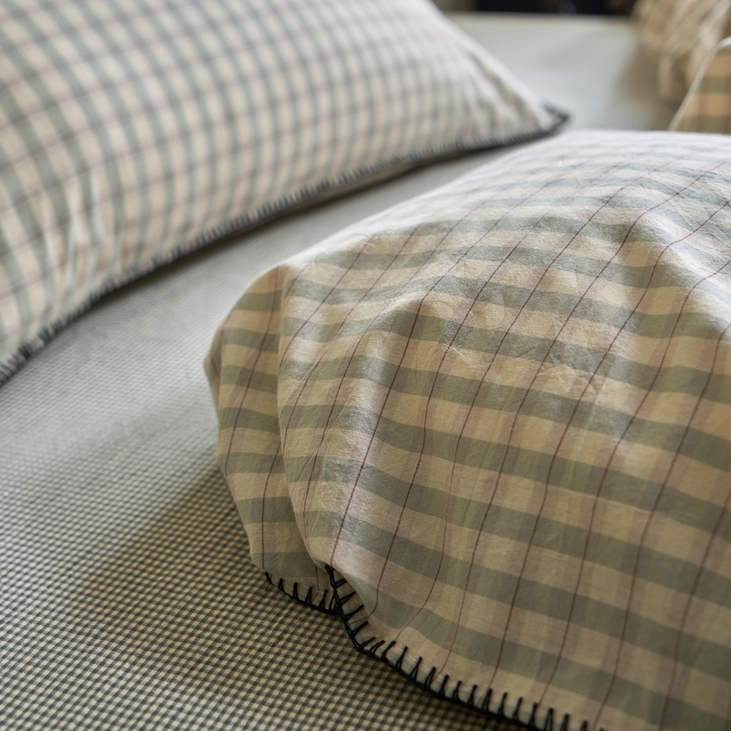 91家纺网 家纺一手货源 找家纺 洋铭区（原狠狠爱） 2026新款色织水洗棉一字边四件套系列 朵拉绿格