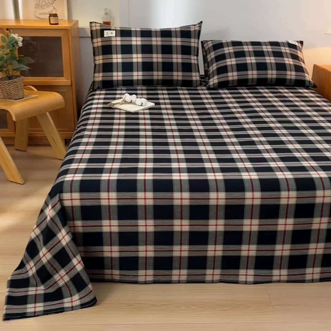 91家纺网 家纺一手货源 找家纺 21度C 2026新款A类全棉水洗棉母婴级床单 墨织格