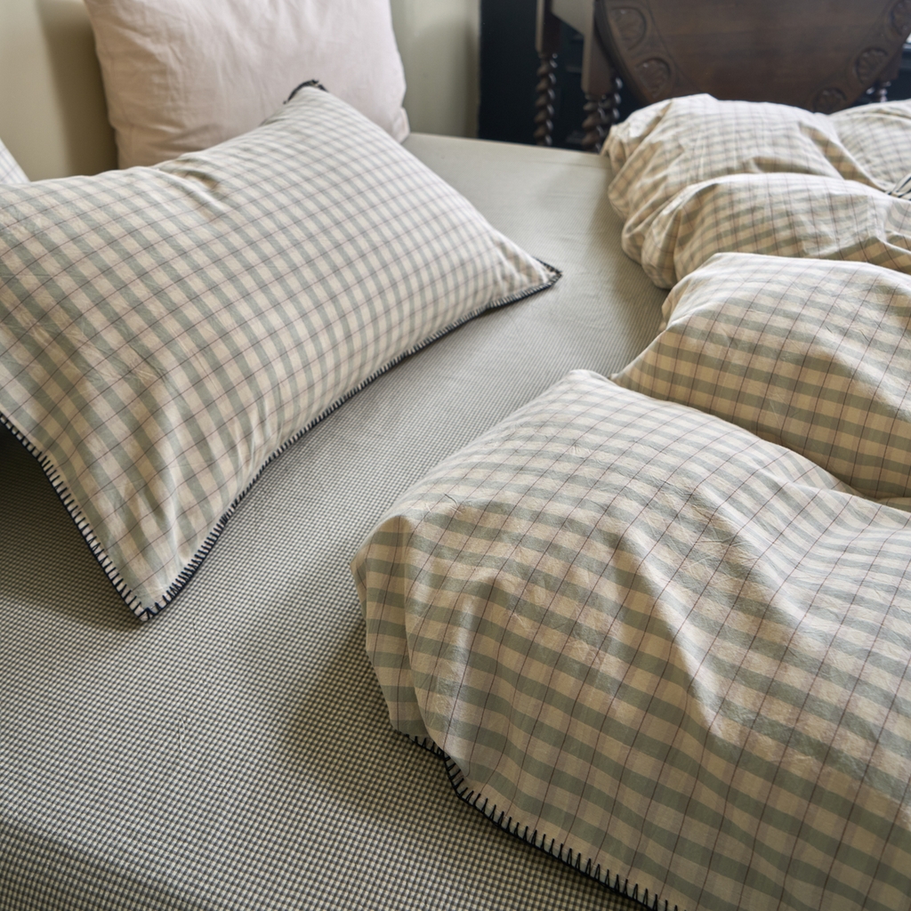 91家纺网 家纺一手货源 找家纺 洋铭区（原狠狠爱） 2026新款色织水洗棉一字边四件套系列 朵拉绿格