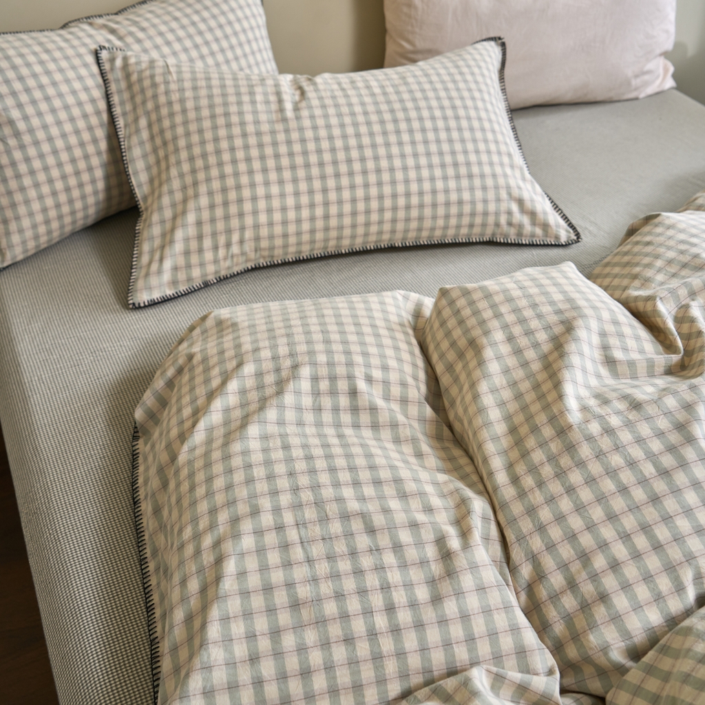 91家纺网 家纺一手货源 找家纺 洋铭区（原狠狠爱） 2026新款色织水洗棉一字边四件套系列 朵拉绿格