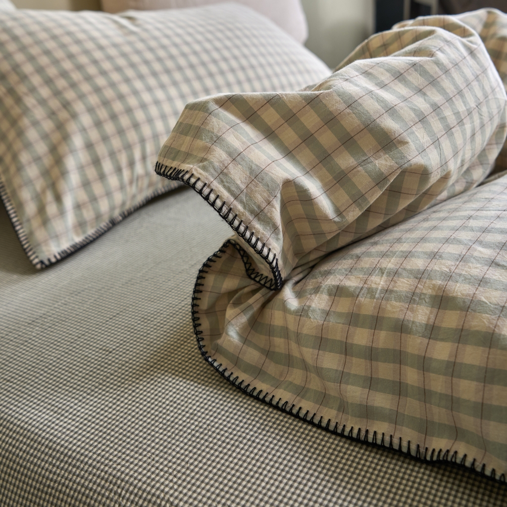 91家纺网 家纺一手货源 找家纺 洋铭区（原狠狠爱） 2026新款色织水洗棉一字边四件套系列 朵拉绿格