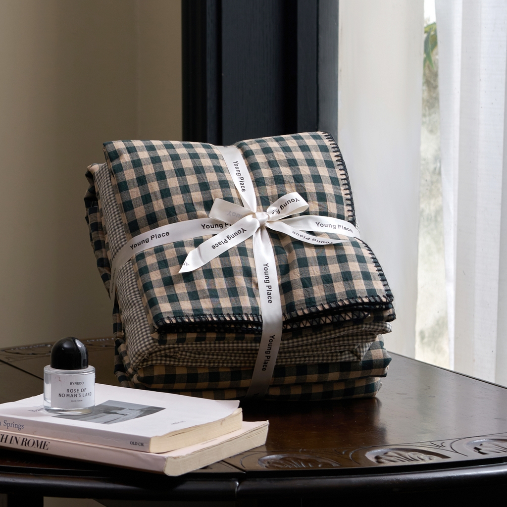 洋铭区（原狠狠爱） 2026新款色织水洗棉一字边四件套系列 翡翠绿格