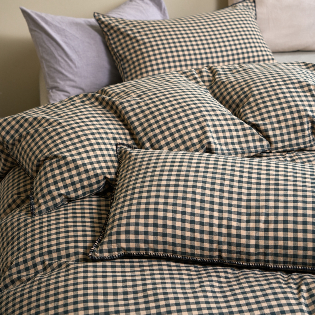 91家纺网 家纺一手货源 找家纺 洋铭区（原狠狠爱） 2026新款色织水洗棉一字边四件套系列 翡翠绿格