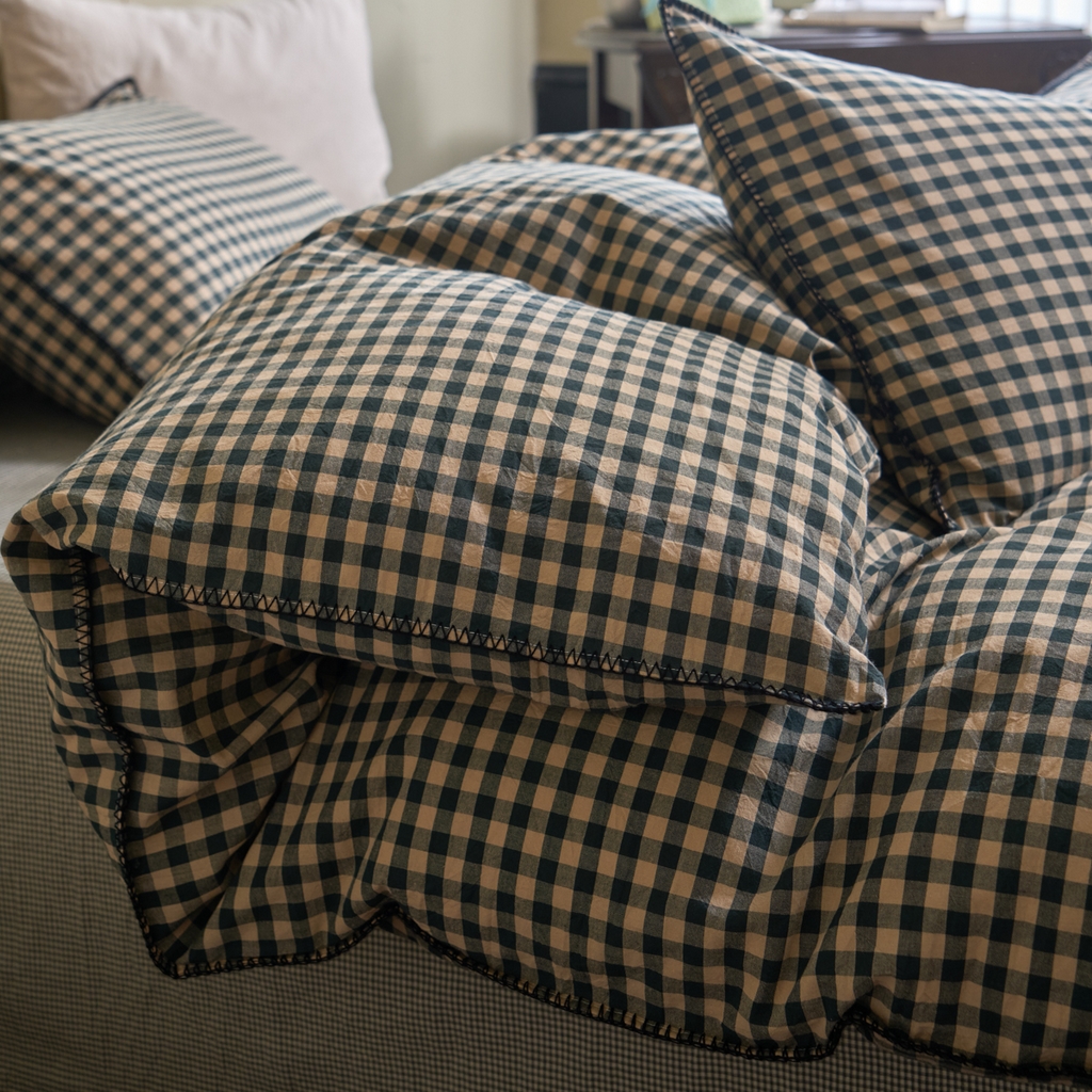 91家纺网 家纺一手货源 找家纺 洋铭区（原狠狠爱） 2026新款色织水洗棉一字边四件套系列 翡翠绿格