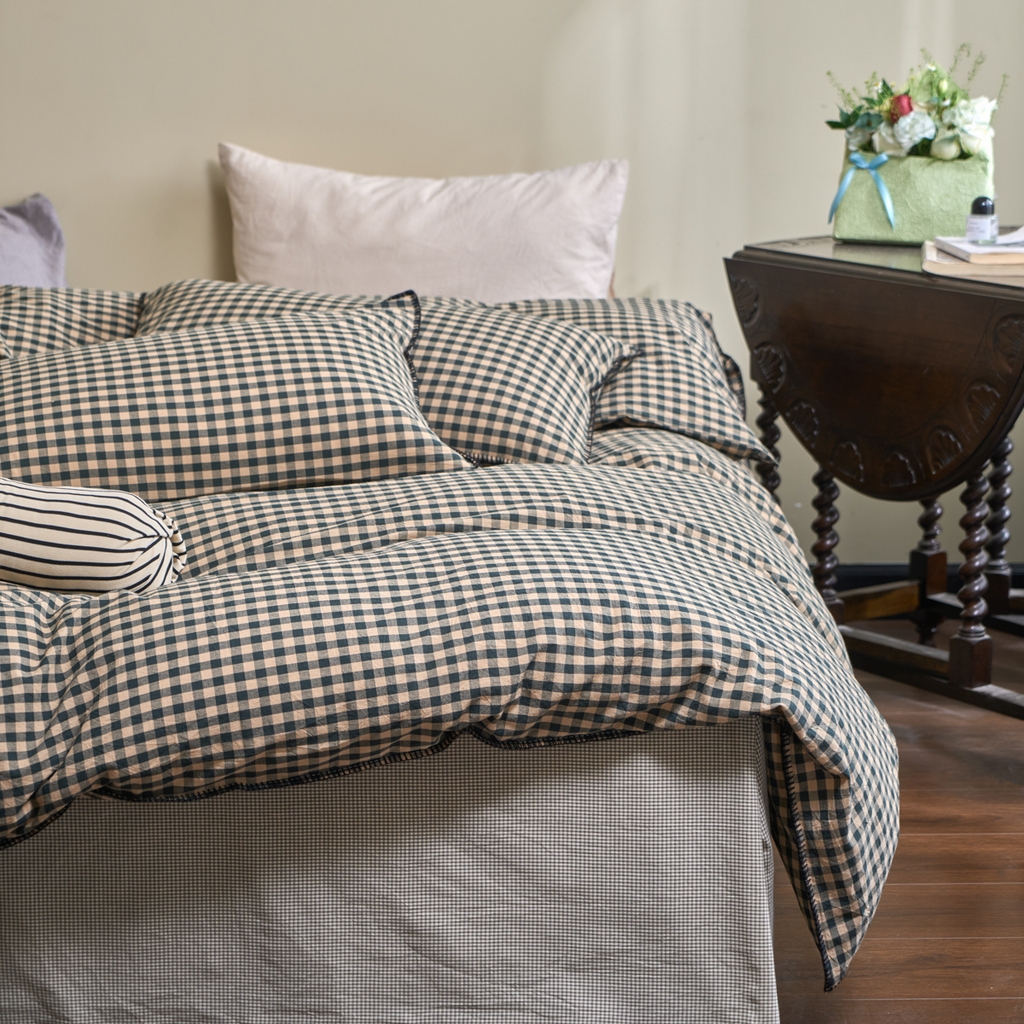 91家纺网 家纺一手货源 找家纺 洋铭区（原狠狠爱） 2026新款色织水洗棉一字边四件套系列 翡翠绿格