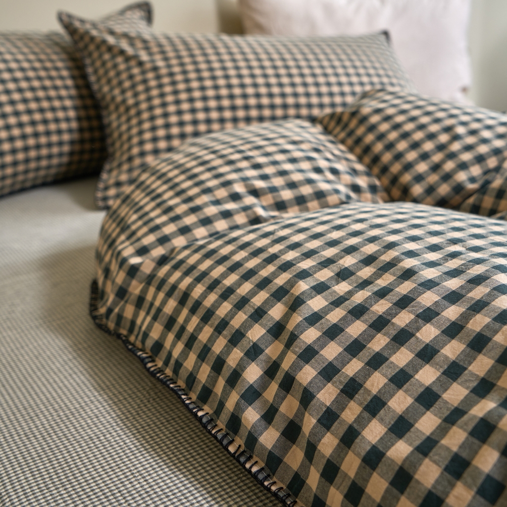 91家纺网 家纺一手货源 找家纺 洋铭区（原狠狠爱） 2026新款色织水洗棉一字边四件套系列 翡翠绿格