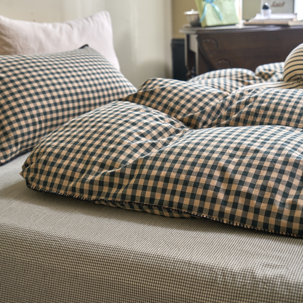 91家纺网 家纺一手货源 找家纺 洋铭区（原狠狠爱） 2026新款色织水洗棉一字边四件套系列 翡翠绿格