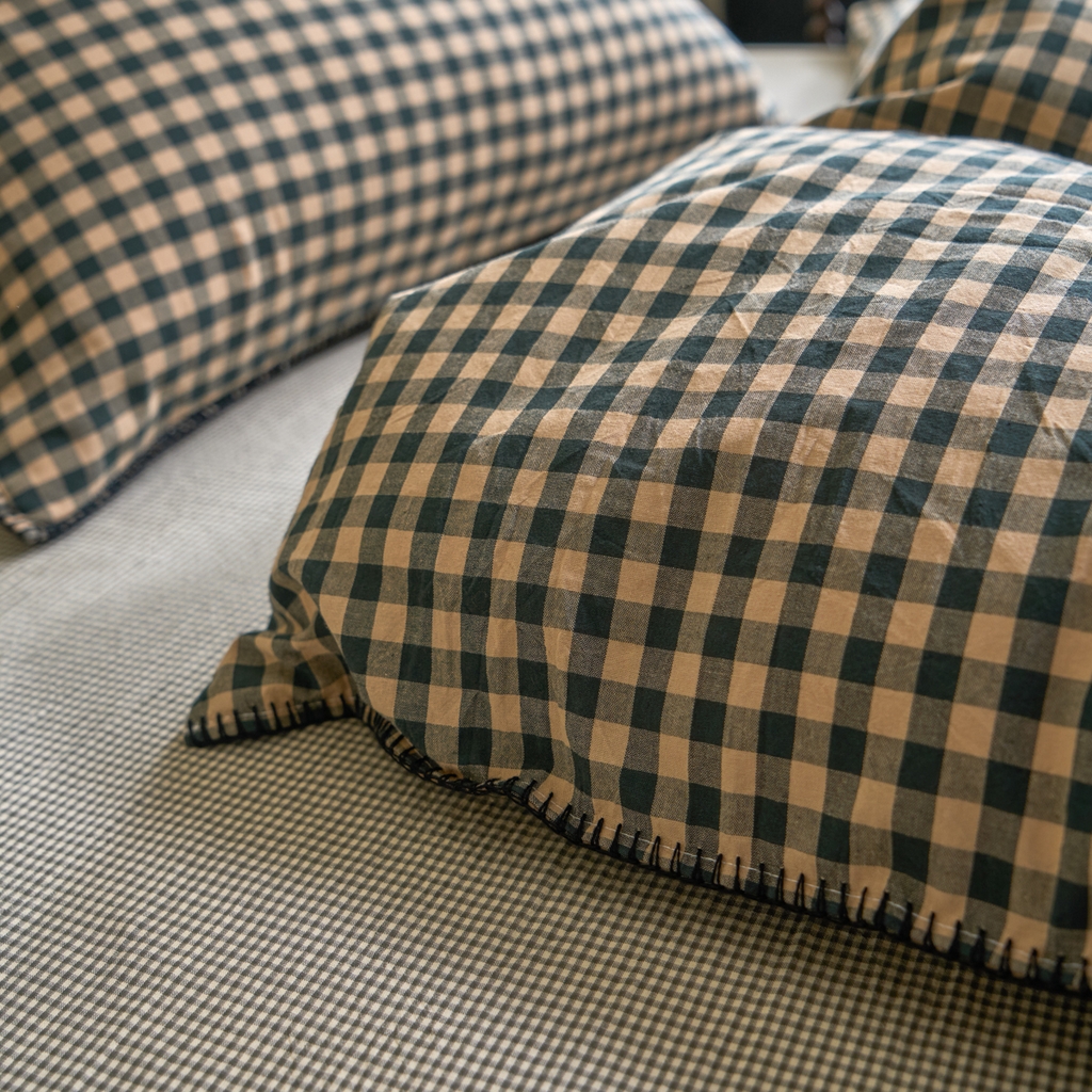 91家纺网 家纺一手货源 找家纺 洋铭区（原狠狠爱） 2026新款色织水洗棉一字边四件套系列 翡翠绿格