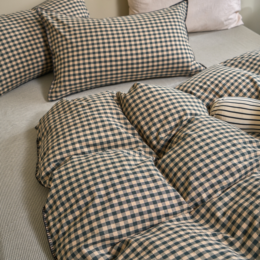 91家纺网 家纺一手货源 找家纺 洋铭区（原狠狠爱） 2026新款色织水洗棉一字边四件套系列 翡翠绿格