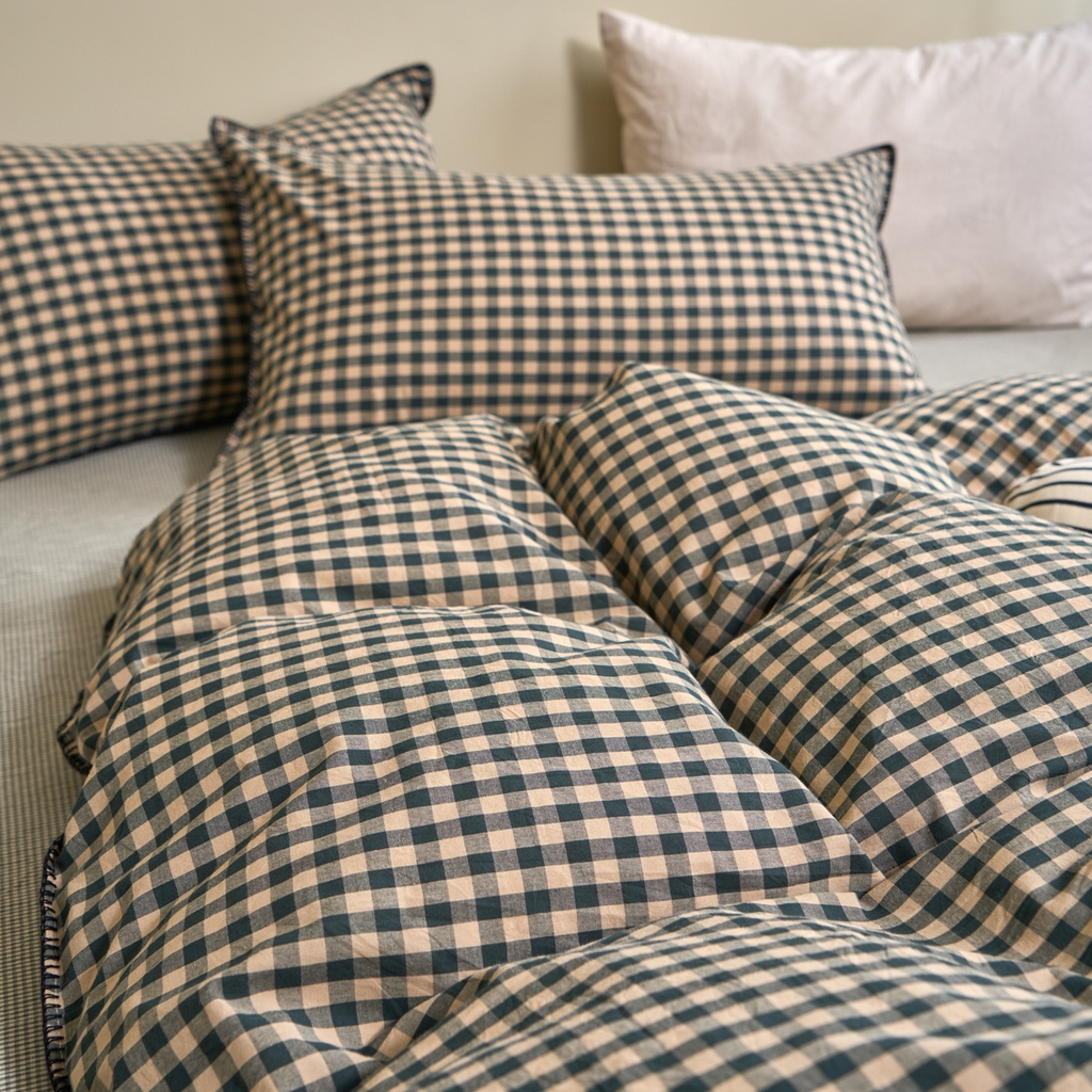 91家纺网 家纺一手货源 找家纺 洋铭区（原狠狠爱） 2026新款色织水洗棉一字边四件套系列 翡翠绿格