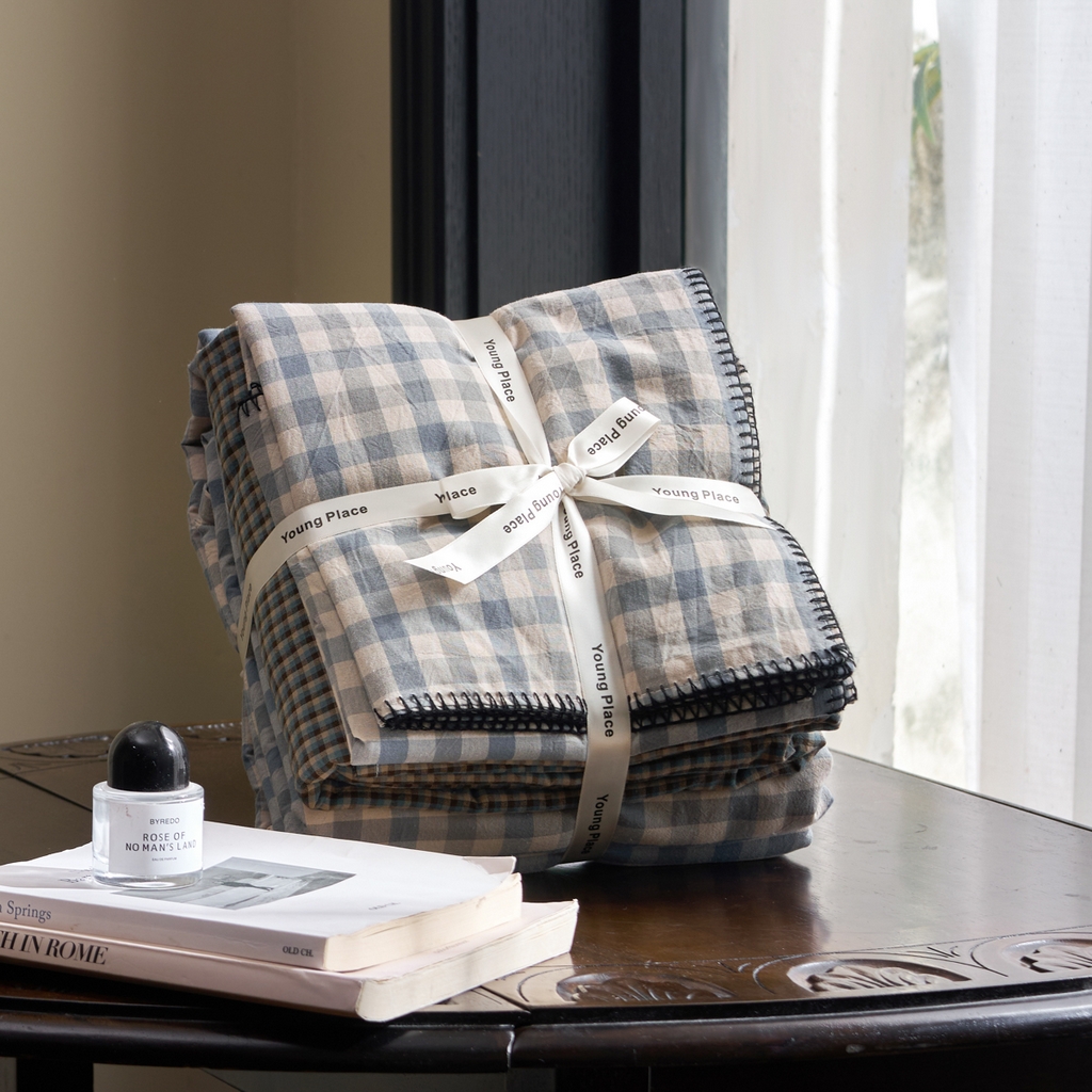 洋铭区（原狠狠爱） 2026新款色织水洗棉一字边四件套系列 风雅蓝格