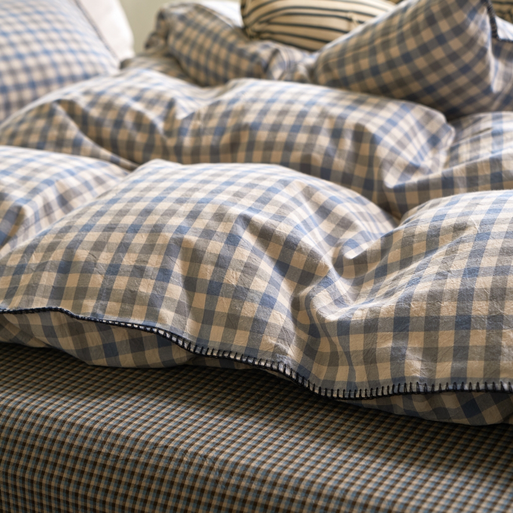 91家纺网 家纺一手货源 找家纺 洋铭区（原狠狠爱） 2026新款色织水洗棉一字边四件套系列 风雅蓝格