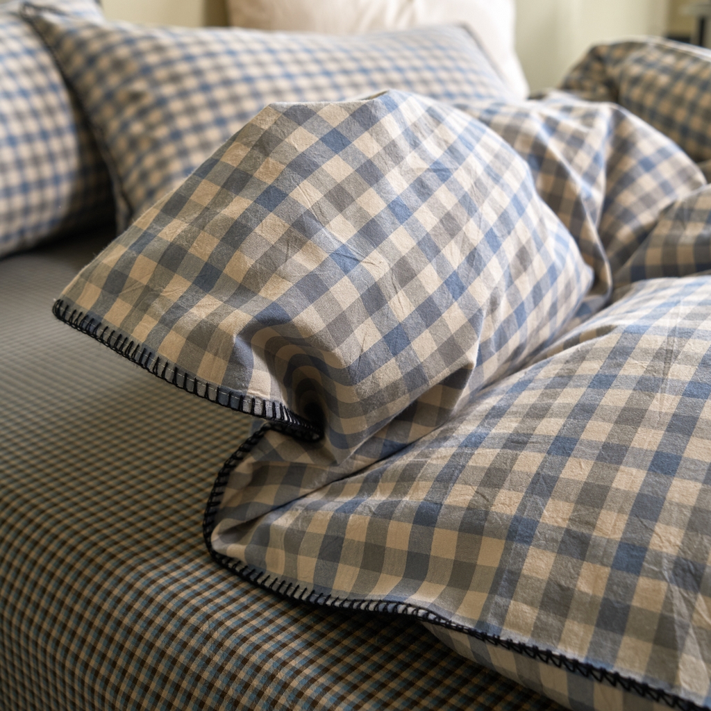 91家纺网 家纺一手货源 找家纺 洋铭区（原狠狠爱） 2026新款色织水洗棉一字边四件套系列 风雅蓝格