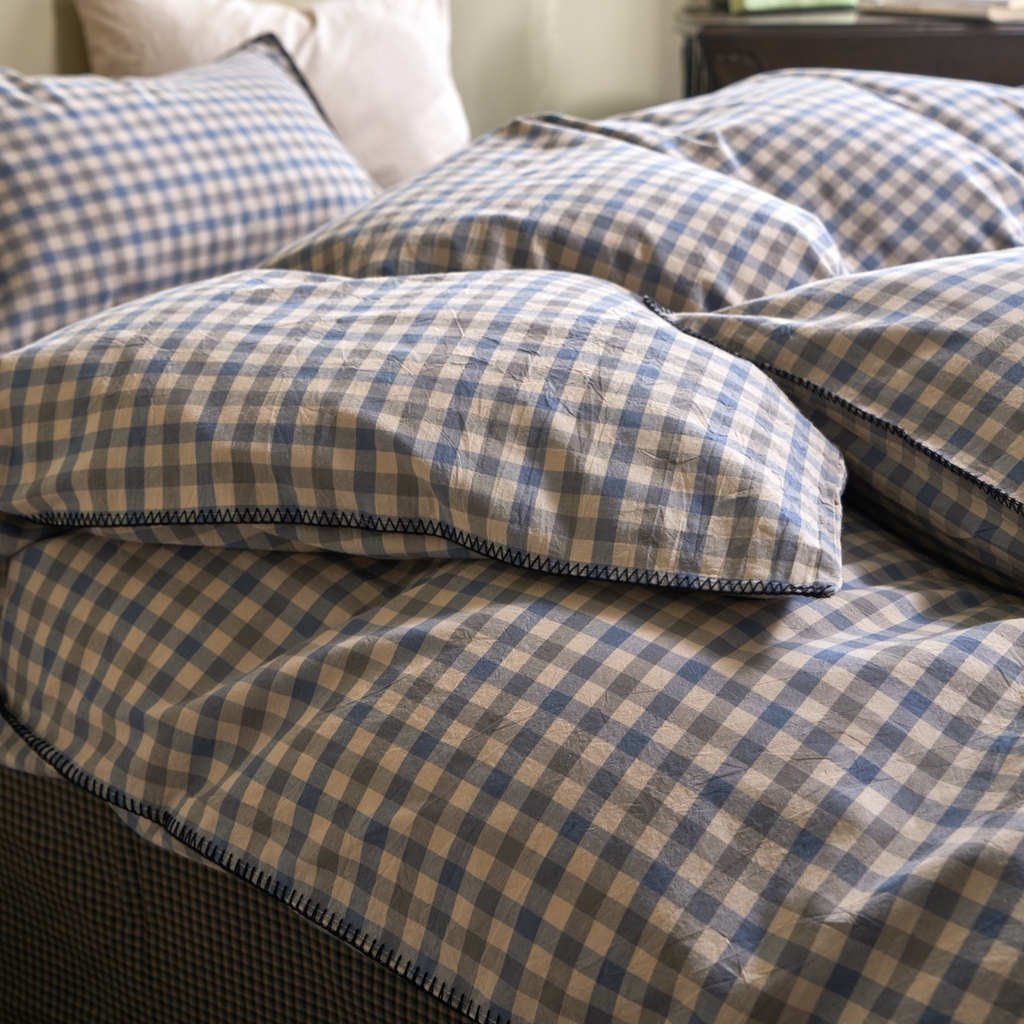 91家纺网 家纺一手货源 找家纺 洋铭区（原狠狠爱） 2026新款色织水洗棉一字边四件套系列 风雅蓝格