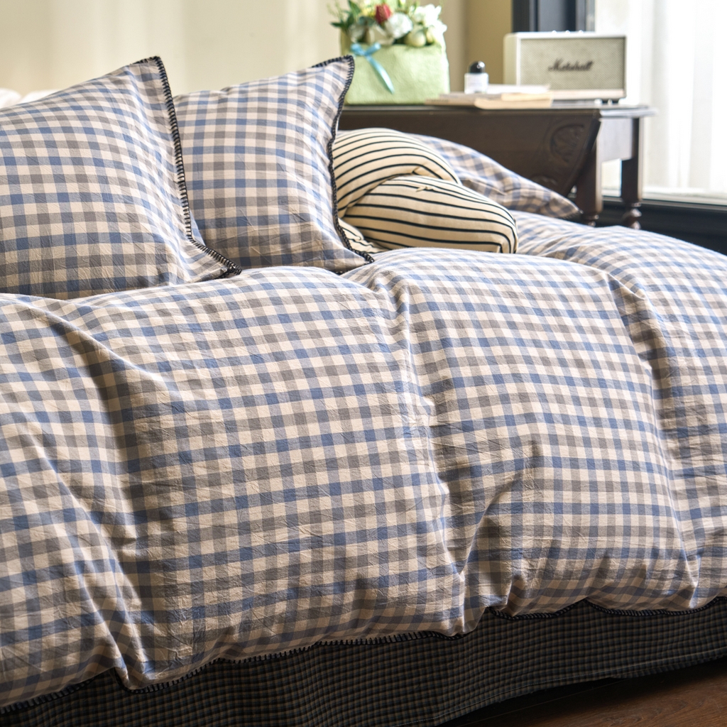 91家纺网 家纺一手货源 找家纺 洋铭区（原狠狠爱） 2026新款色织水洗棉一字边四件套系列 风雅蓝格