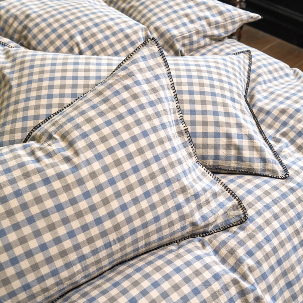 91家纺网 家纺一手货源 找家纺 洋铭区（原狠狠爱） 2026新款色织水洗棉一字边四件套系列 风雅蓝格