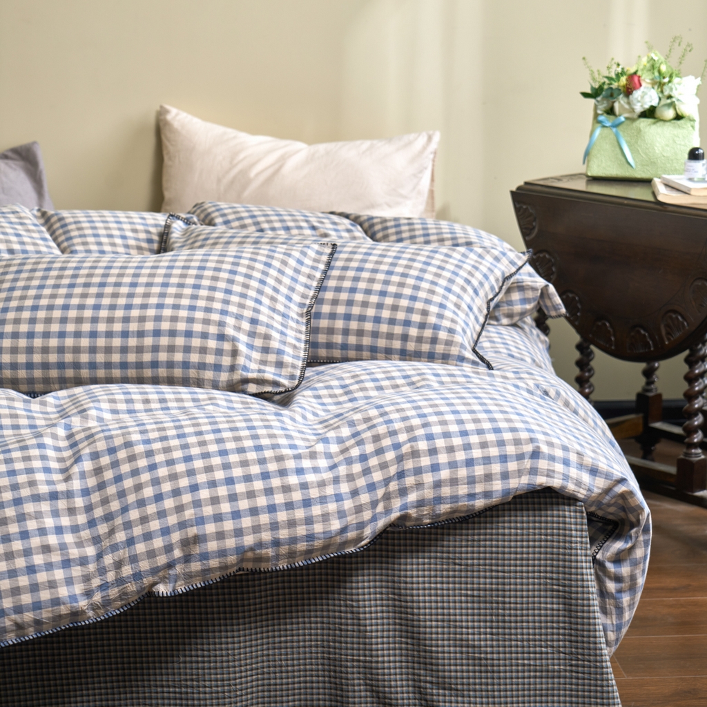 91家纺网 家纺一手货源 找家纺 洋铭区（原狠狠爱） 2026新款色织水洗棉一字边四件套系列 风雅蓝格