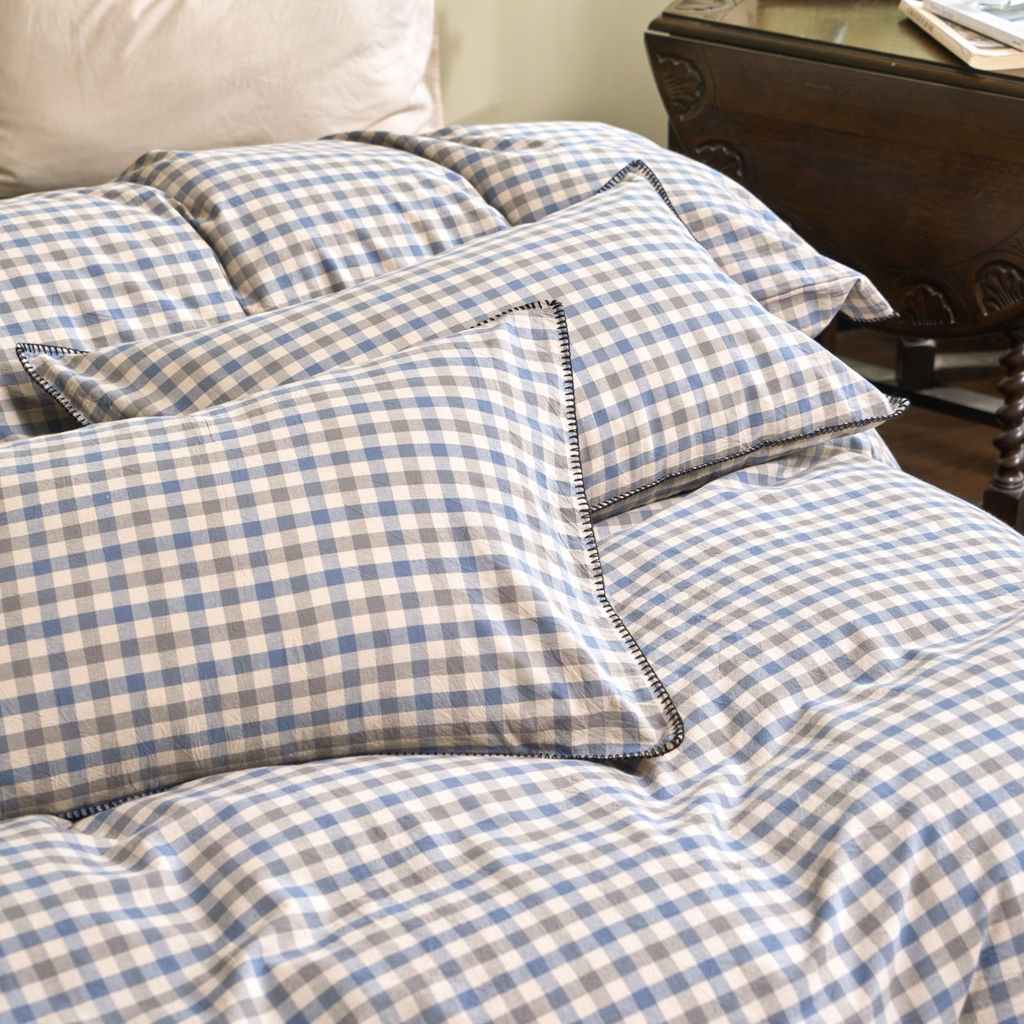 91家纺网 家纺一手货源 找家纺 洋铭区（原狠狠爱） 2026新款色织水洗棉一字边四件套系列 风雅蓝格