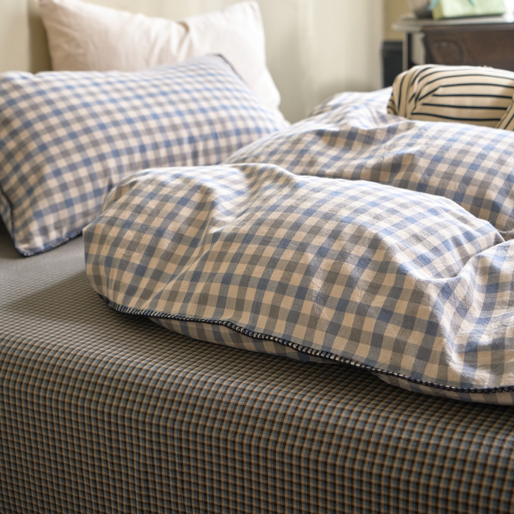 91家纺网 家纺一手货源 找家纺 洋铭区（原狠狠爱） 2026新款色织水洗棉一字边四件套系列 风雅蓝格