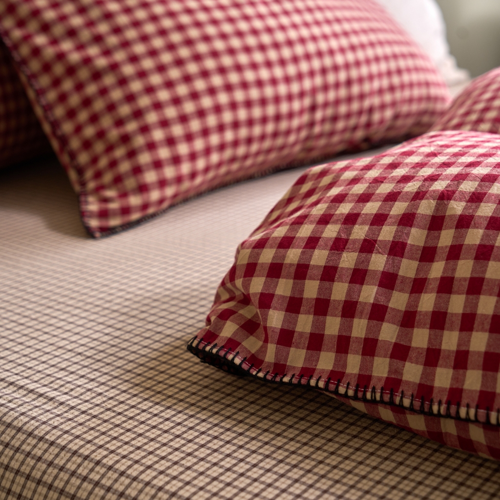 91家纺网 家纺一手货源 找家纺 洋铭区（原狠狠爱） 2026新款色织水洗棉一字边四件套系列 枫叶红格