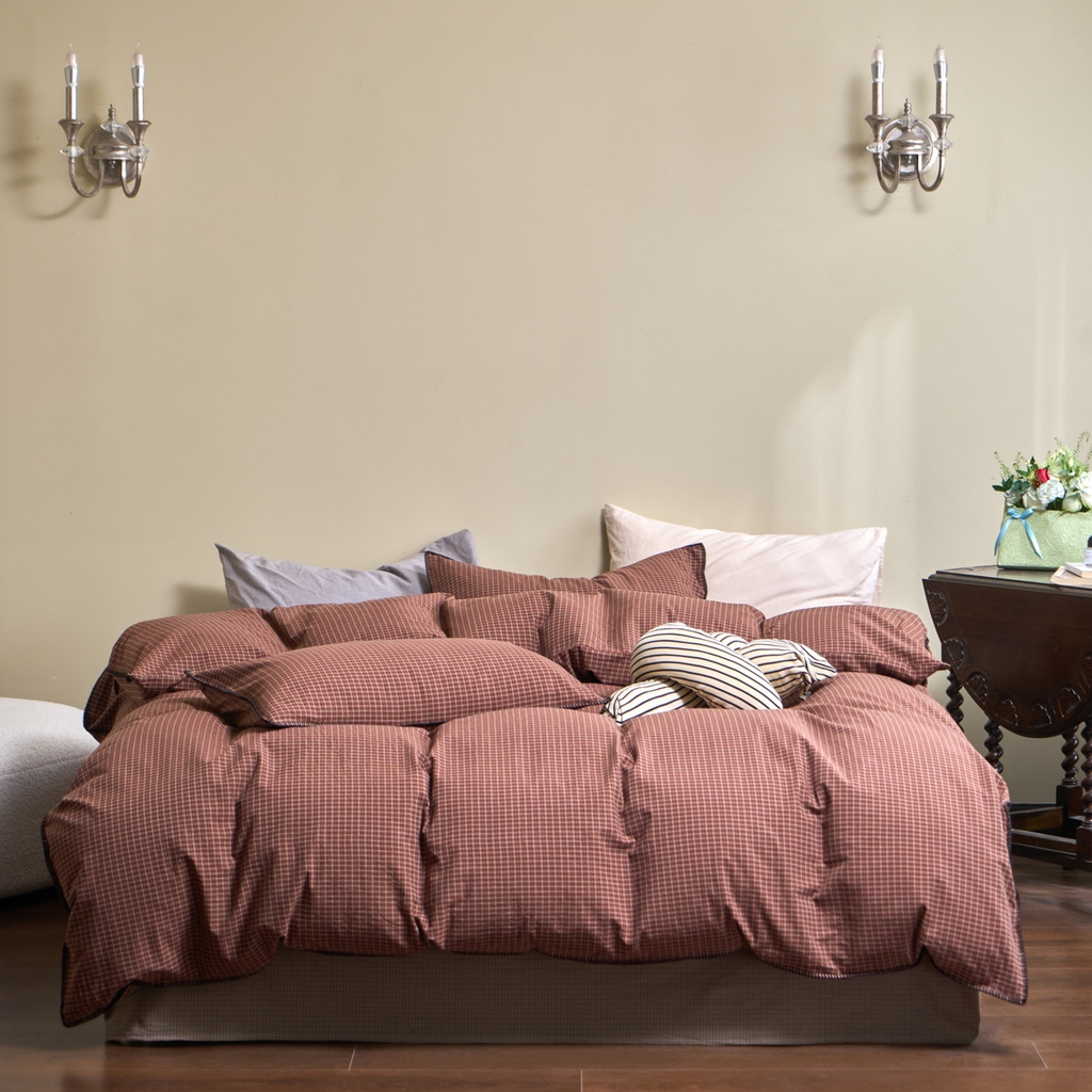 91家纺网 家纺一手货源 找家纺 洋铭区（原狠狠爱） 2026新款色织水洗棉一字边四件套系列 红茶格