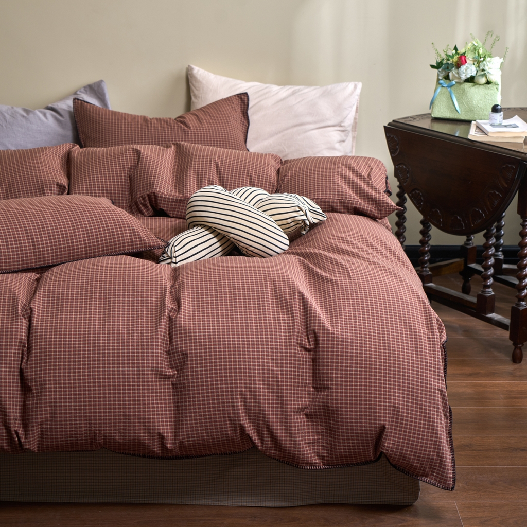 91家纺网 家纺一手货源 找家纺 洋铭区（原狠狠爱） 2026新款色织水洗棉一字边四件套系列 红茶格