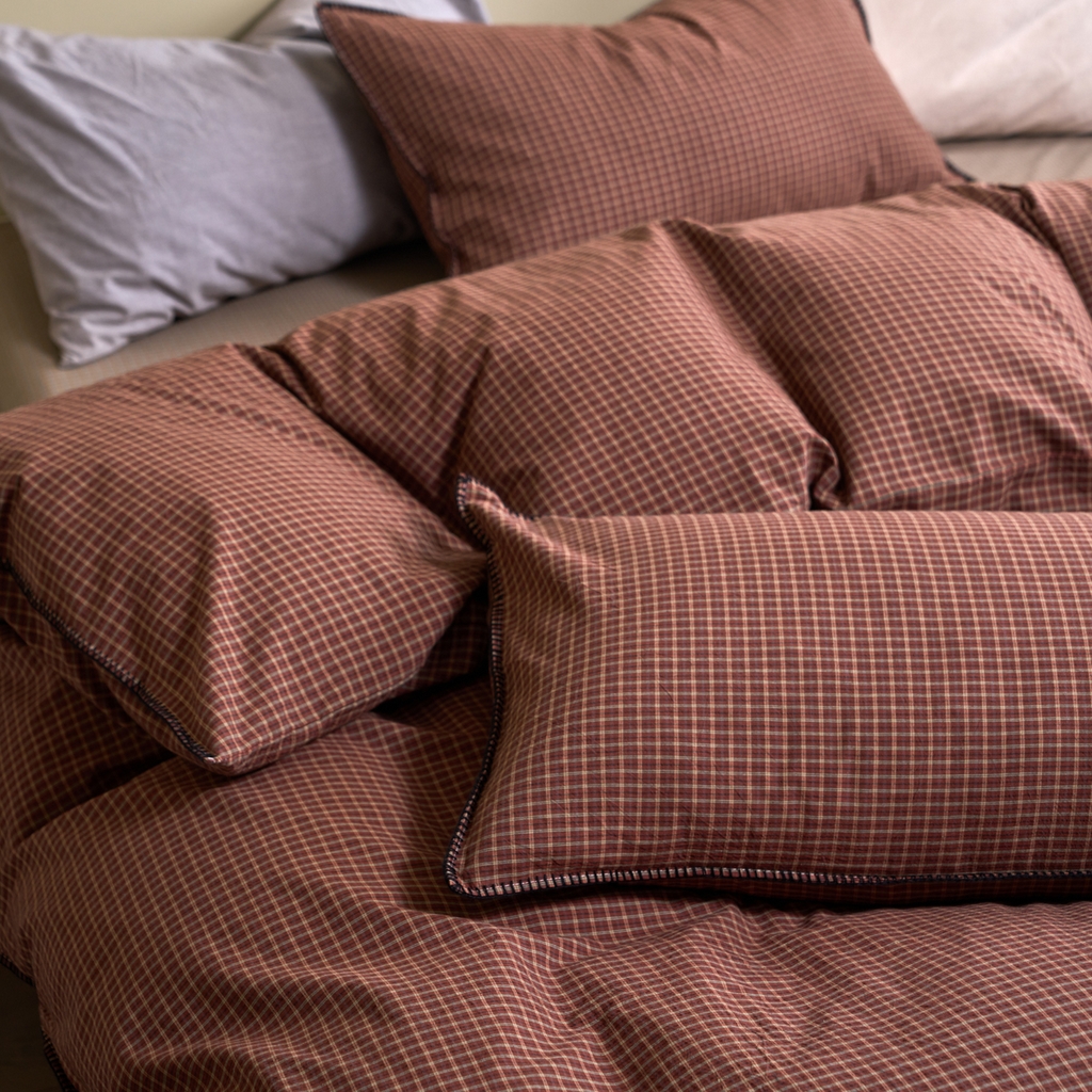 91家纺网 家纺一手货源 找家纺 洋铭区（原狠狠爱） 2026新款色织水洗棉一字边四件套系列 红茶格